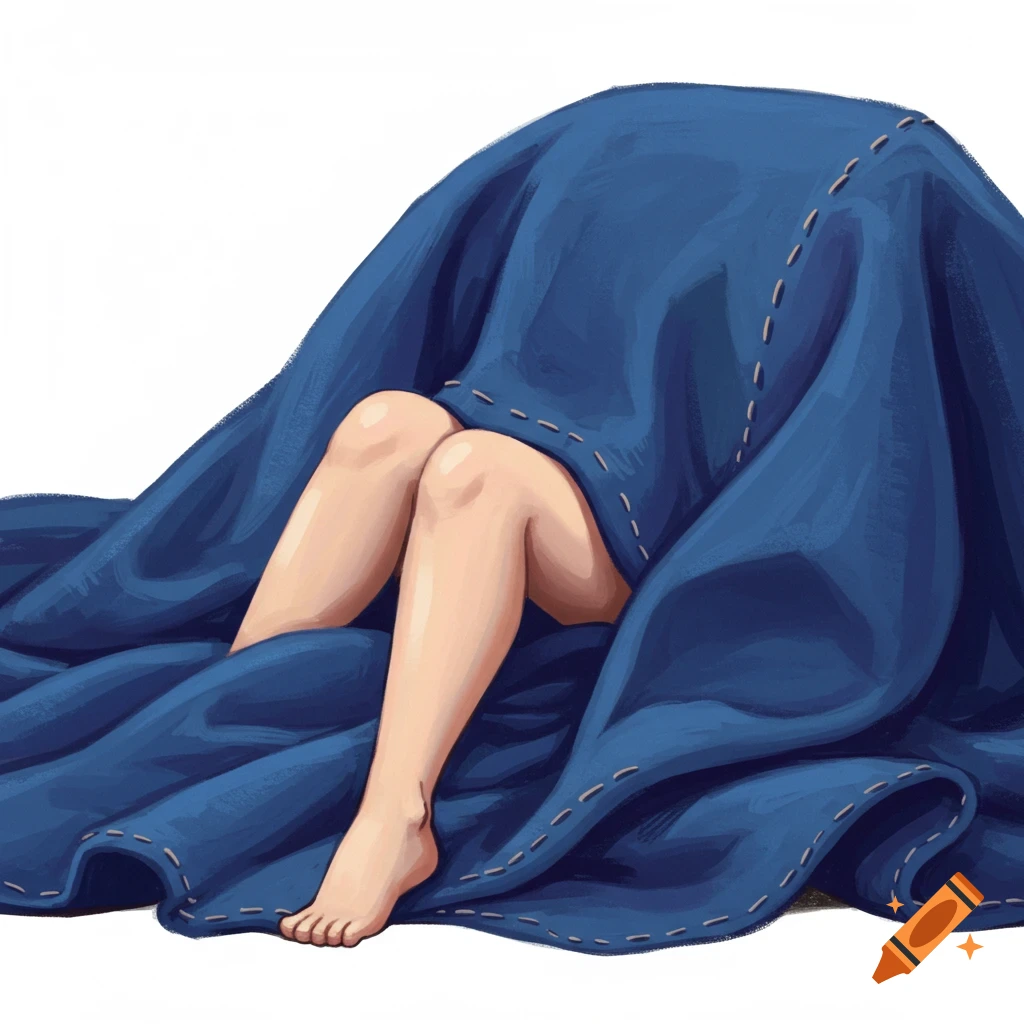 Illustrative rendering of legs under blue fabric with stitching