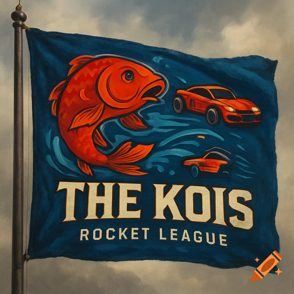 Digital illustration of a blue flag featuring a koi fish, race cars, and the text 'THE KOIS ROCKET LEAGUE'.