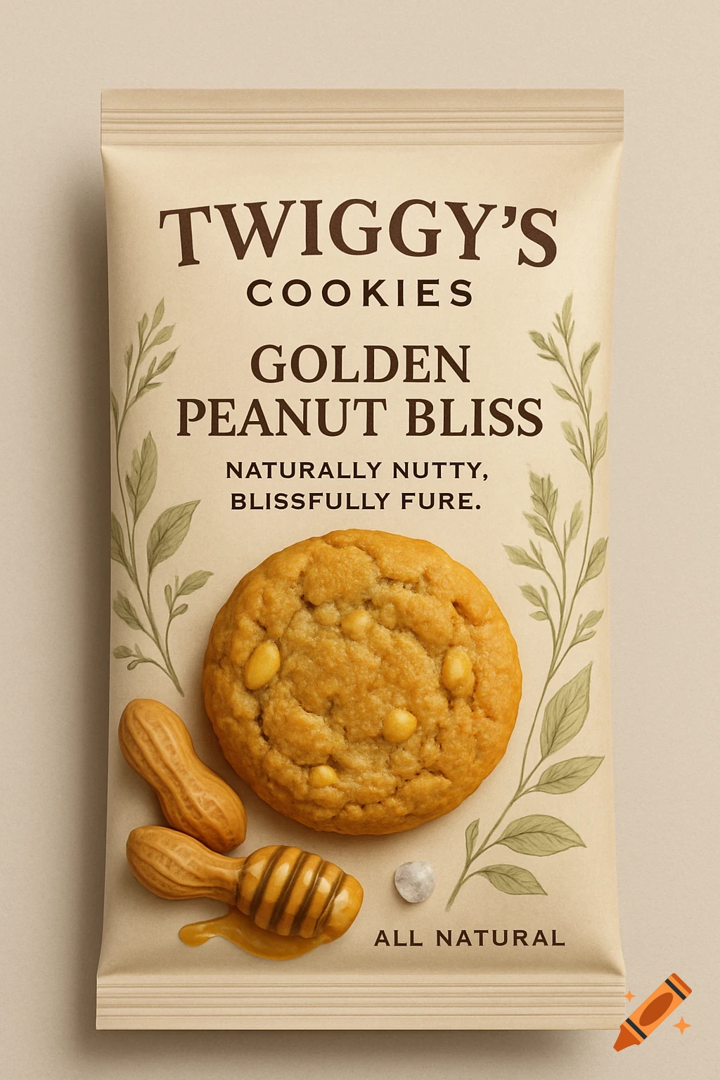 Packaging for Twiggy's Cookies Golden Peanut Bliss with text, cookie, peanuts, honey dipper. Photorealistic.