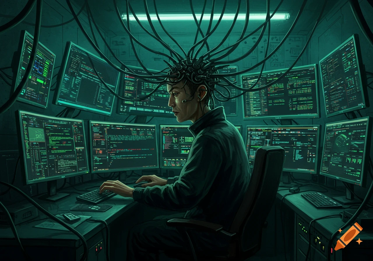 Illustration of a hacker with wires connected to their head, sitting at a desk surrounded by computer screens showing code in a dark room.