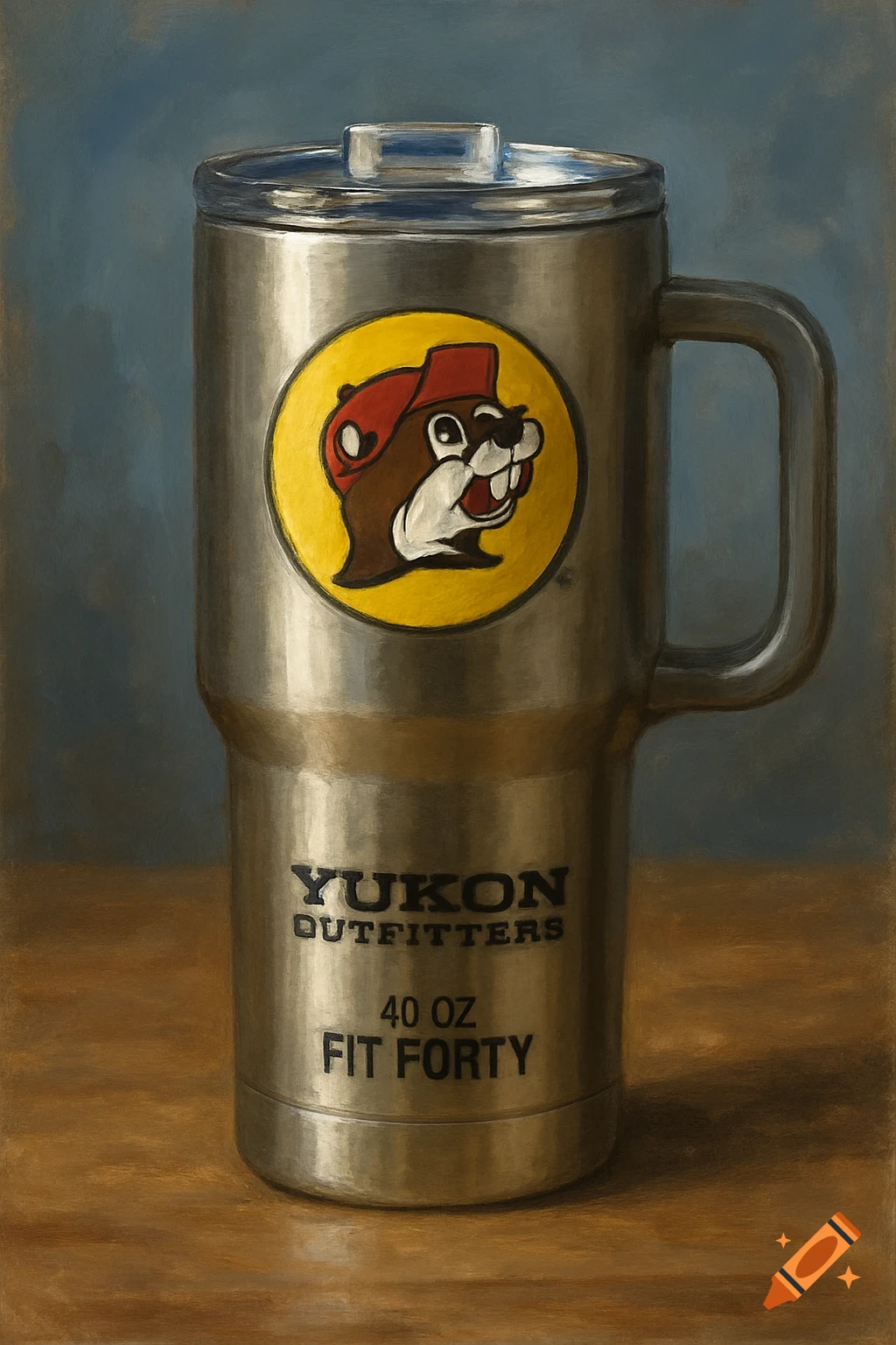 A stainless steel tumbler with handle and lid, featuring a beaver logo and 'Yukon Outfitters 40 oz Fit Forty' text in a painterly style.