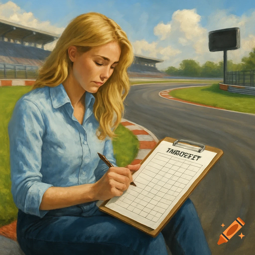 A woman writes on a clipboard near a race track in a painting.