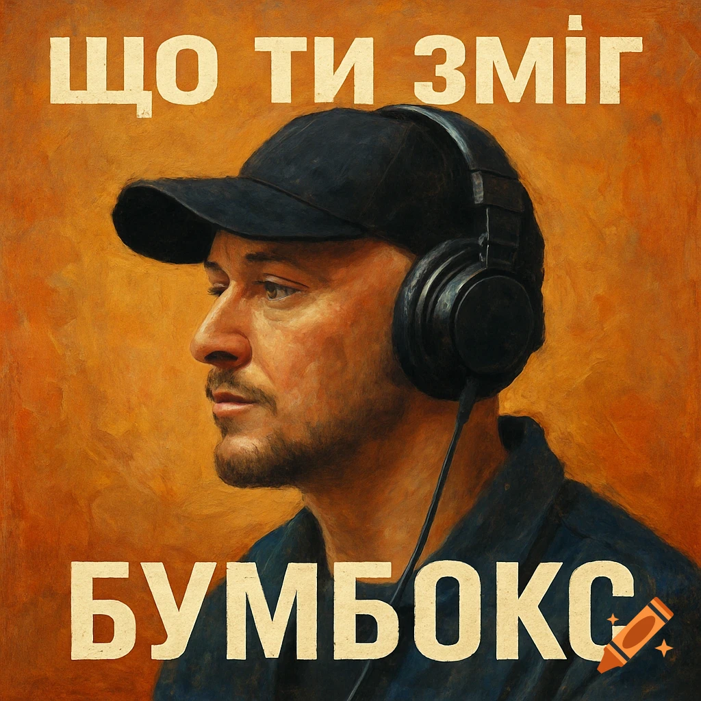 Painting of a man in a cap and headphones, text above and below.