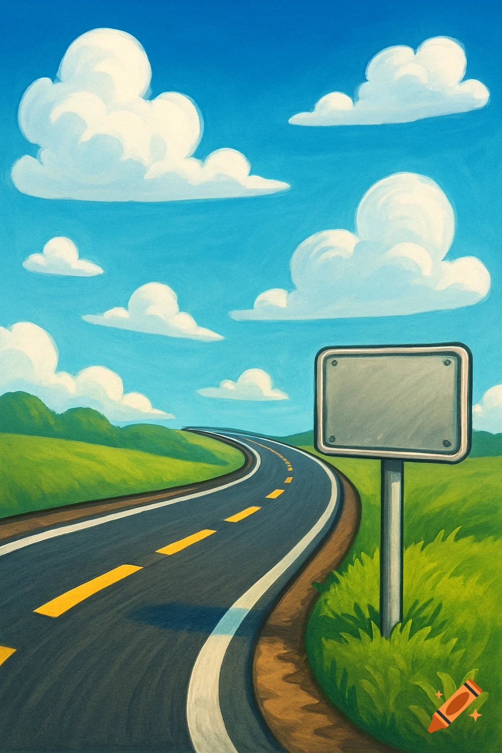 Whimsical cartoon landscape with a winding road, green hills, a blank signpost, and fluffy clouds in a blue sky.