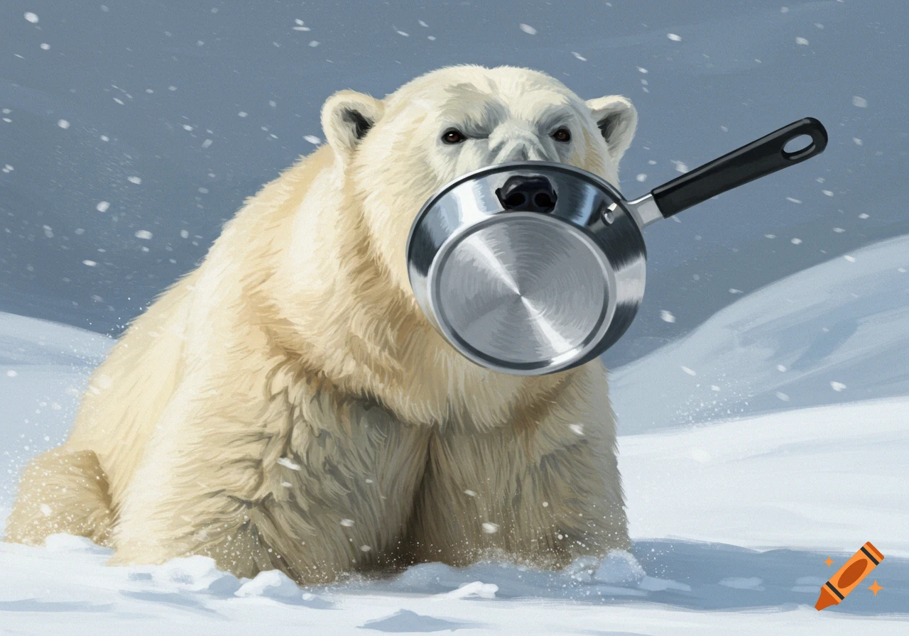 A polar bear with its face shaped like a saucepan sits in the snow.
