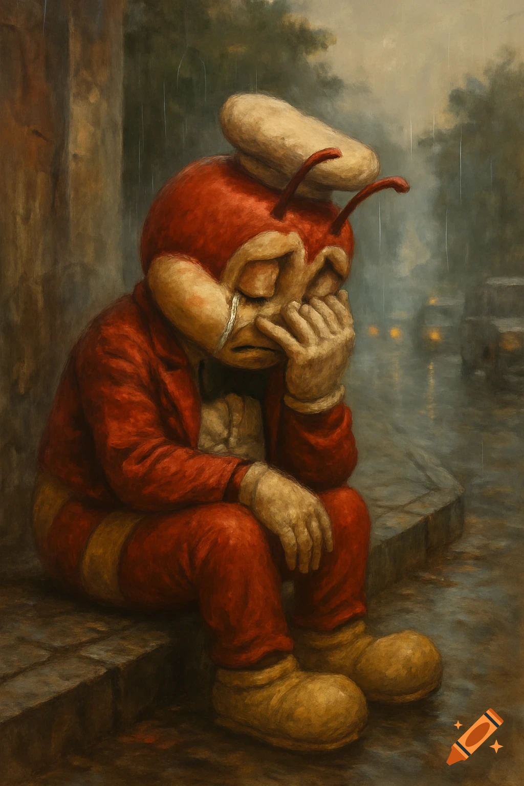 Painterly depiction of the Jollibee mascot weeping on a rainy street.