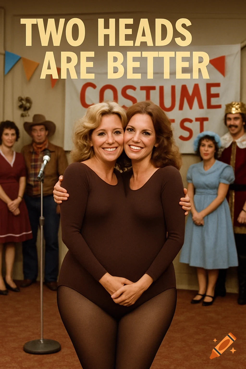 Two women in a leotard creating a two-headed illusion stand in front of a banner that reads "Two Heads Are Better Costume Test".