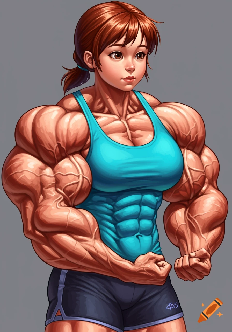 Illustration of a very muscular woman in a blue tank top and shorts.