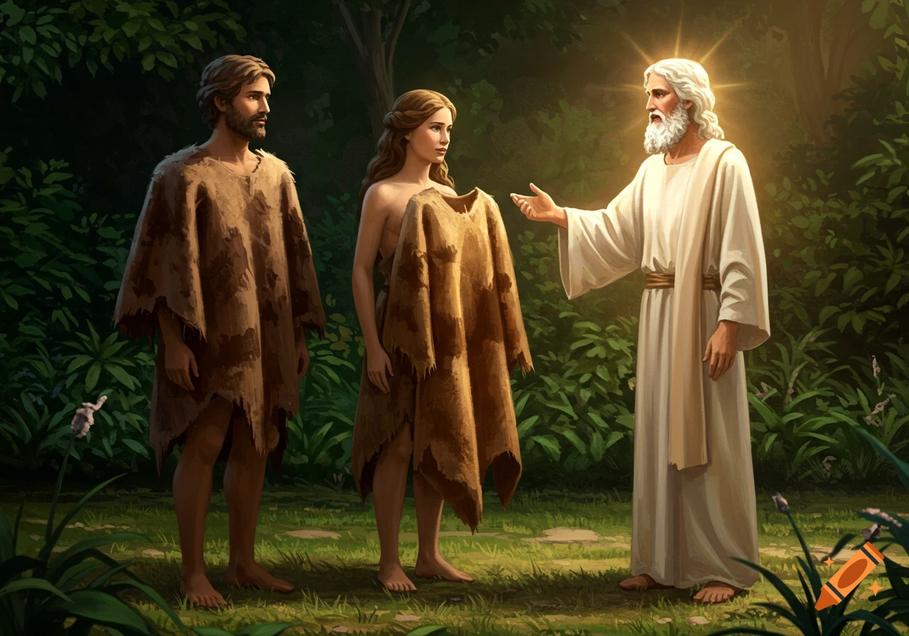 Three figures in a garden, two in rags receiving clothes from a glowing figure in white robes.