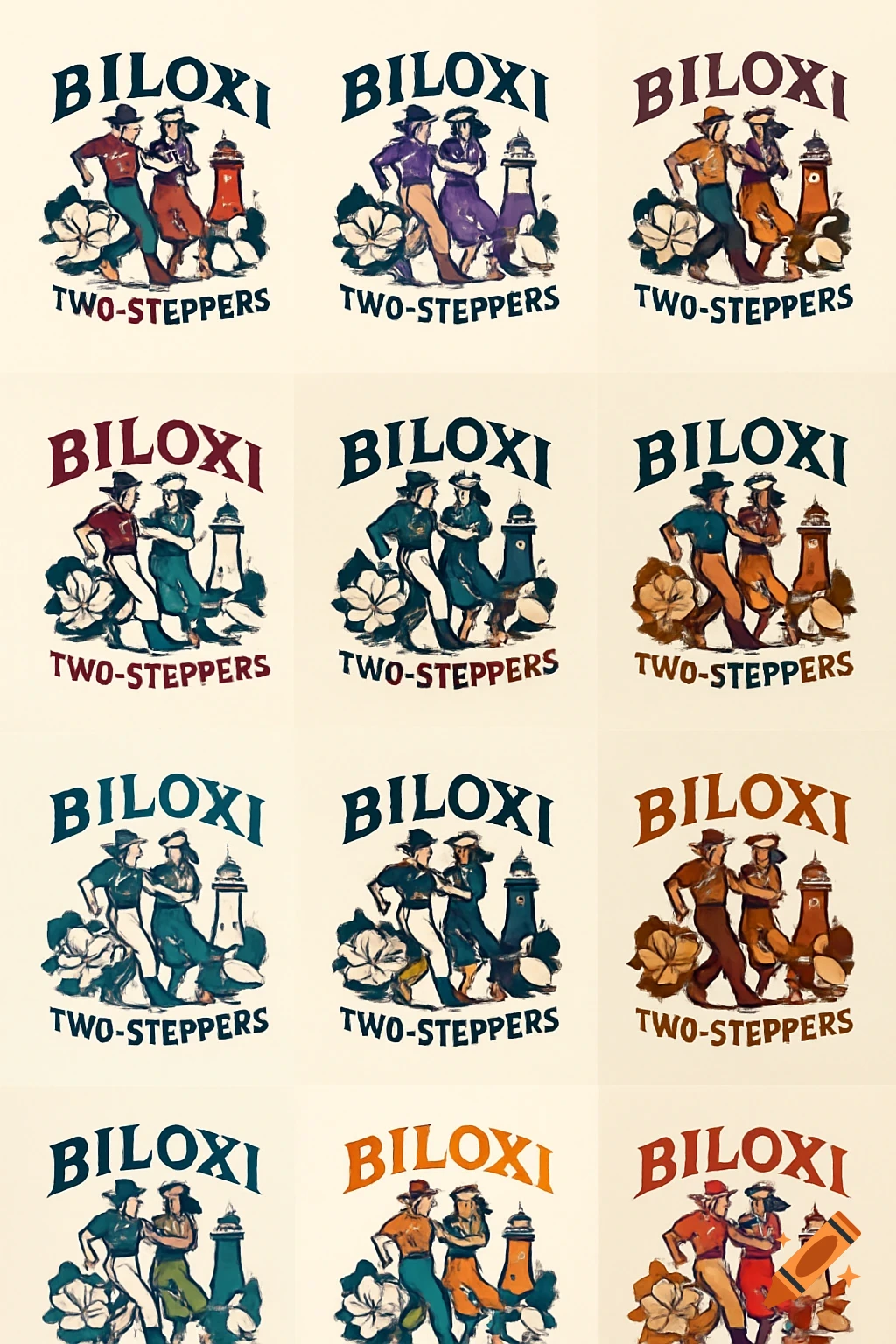 Grid of logos for Biloxi Two-Steppers, each showing two dancers, a lighthouse, and cotton plants in different color schemes.