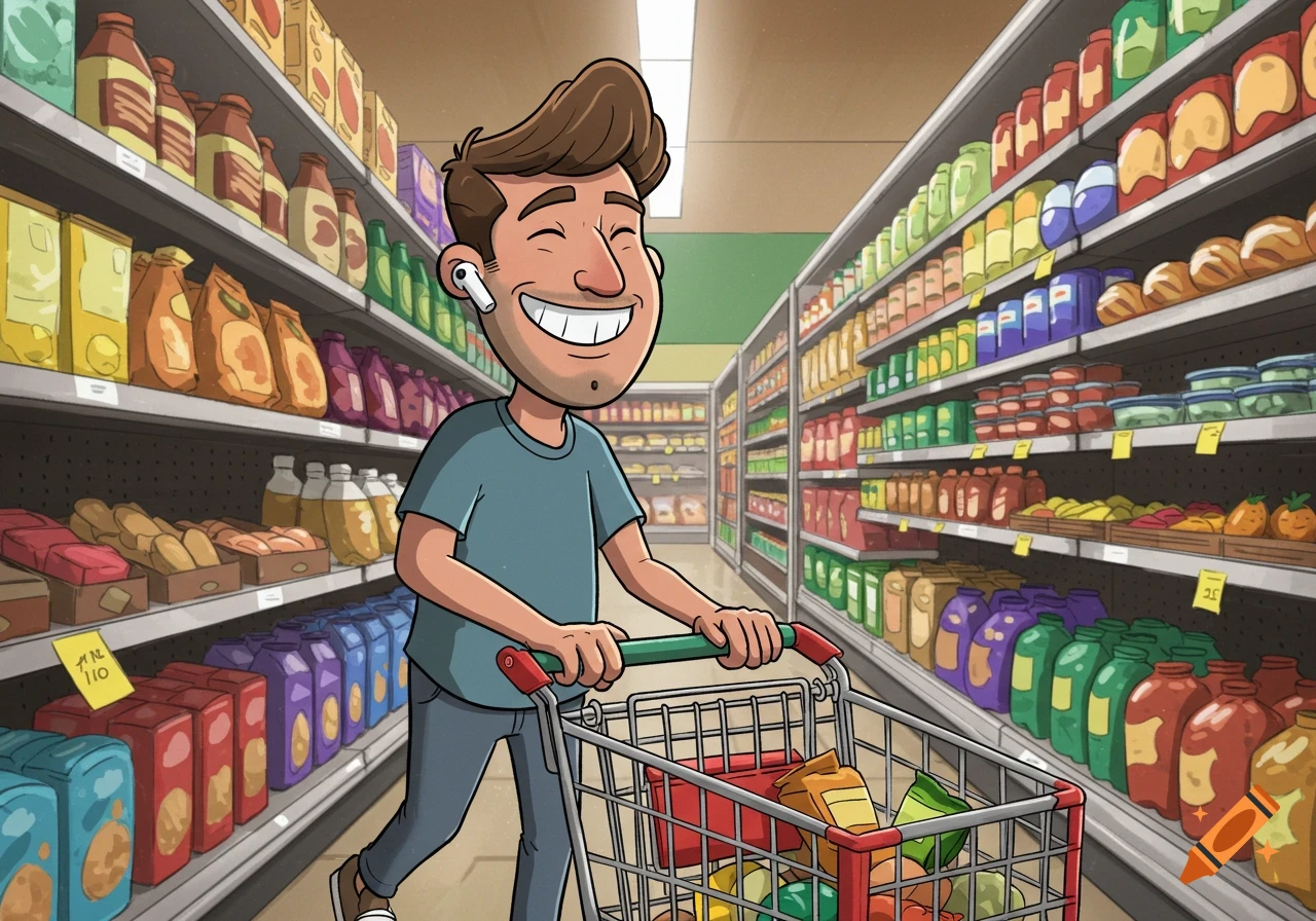 Cartoon man smiling in a grocery store, pushing a shopping cart and wearing airpods