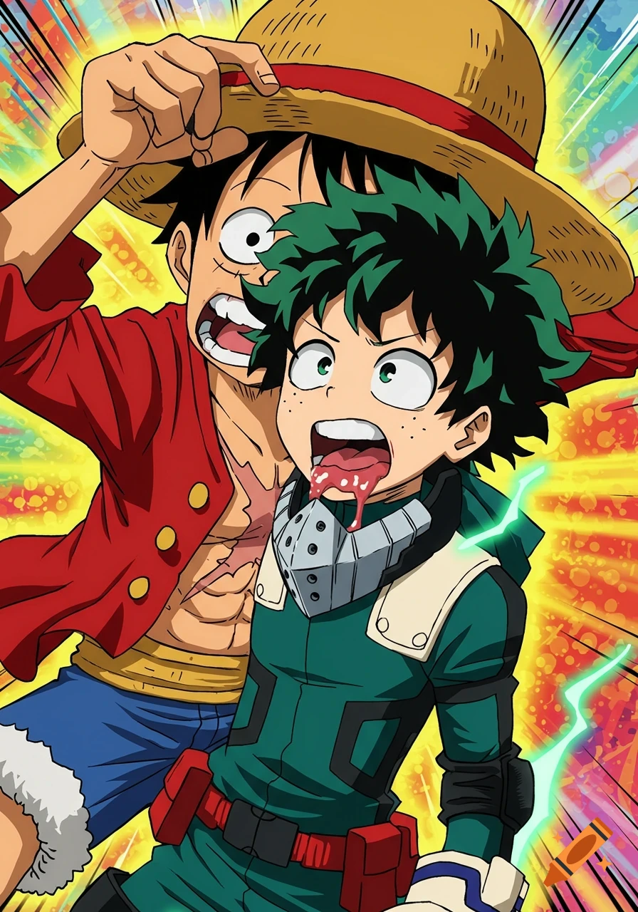 Anime illustration of Luffy from One Piece holding his hat behind Deku from My Hero Academia, who has something on his tongue.