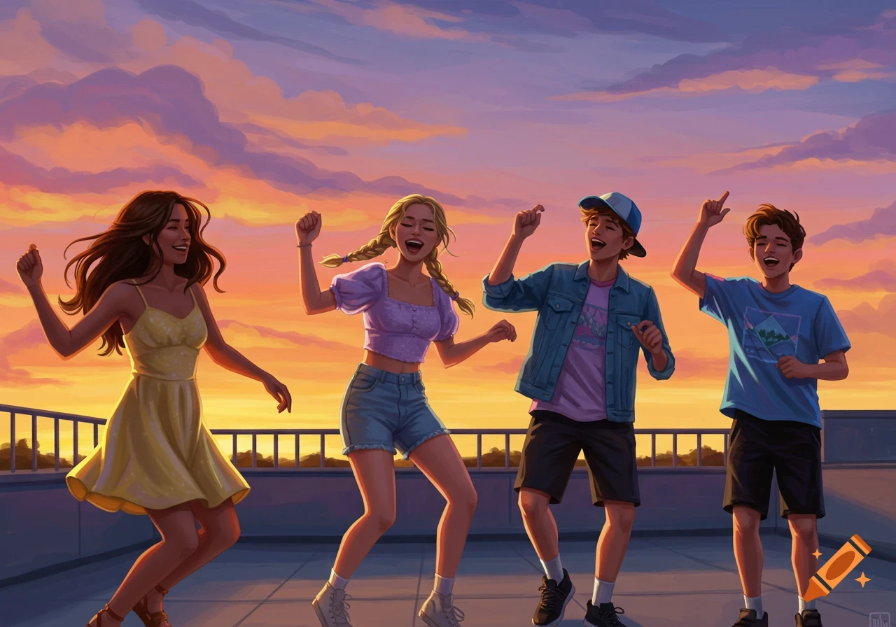 Four friends dance and sing on a rooftop at sunset, illustrated style.