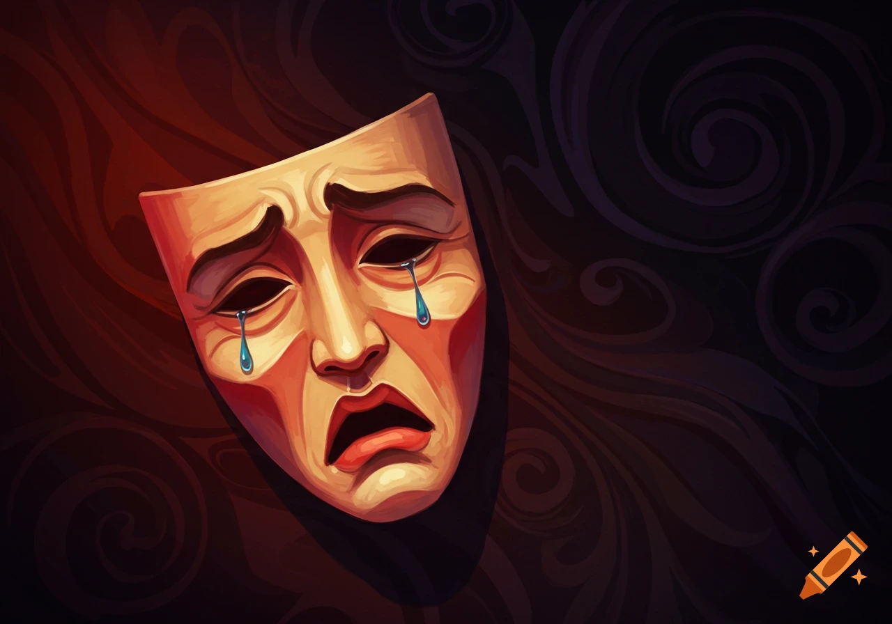Dramatic illustration of a theatrical tragedy mask with tears against a dark, swirling background.