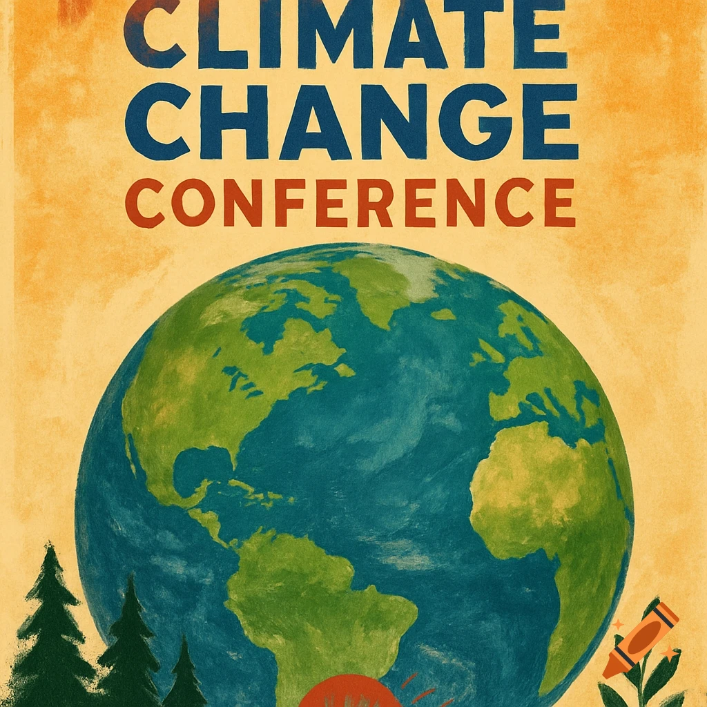Vintage-style poster for a climate change conference with text, a globe, trees, and leaves.