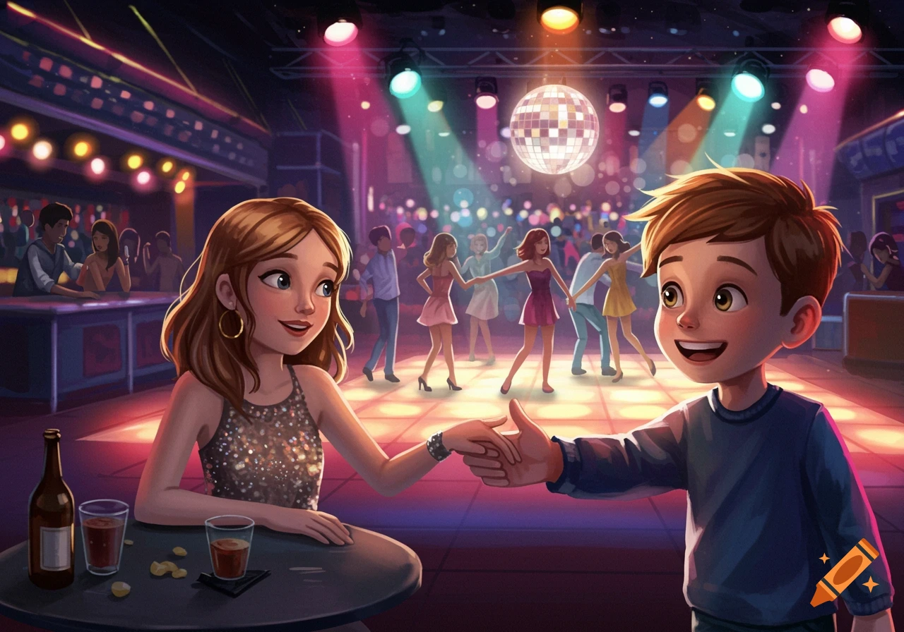 Cartoon illustration of a boy inviting a girl to dance in a busy nightclub.