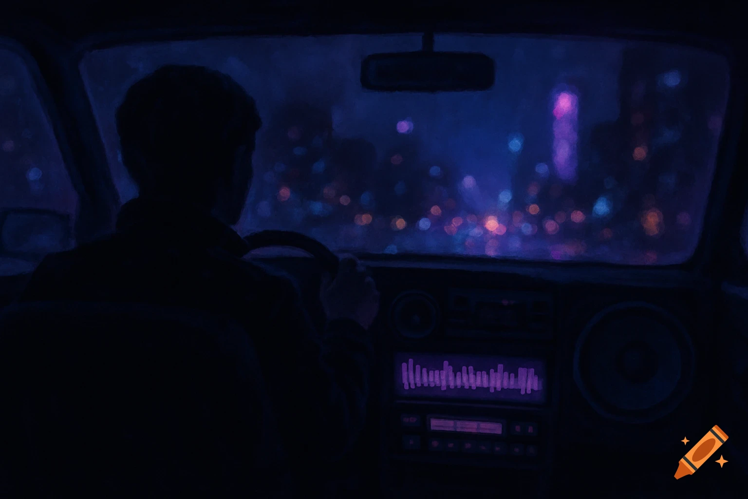View from inside a car at night of a person driving, with cityscape lights and a glowing audio equalizer visible.
