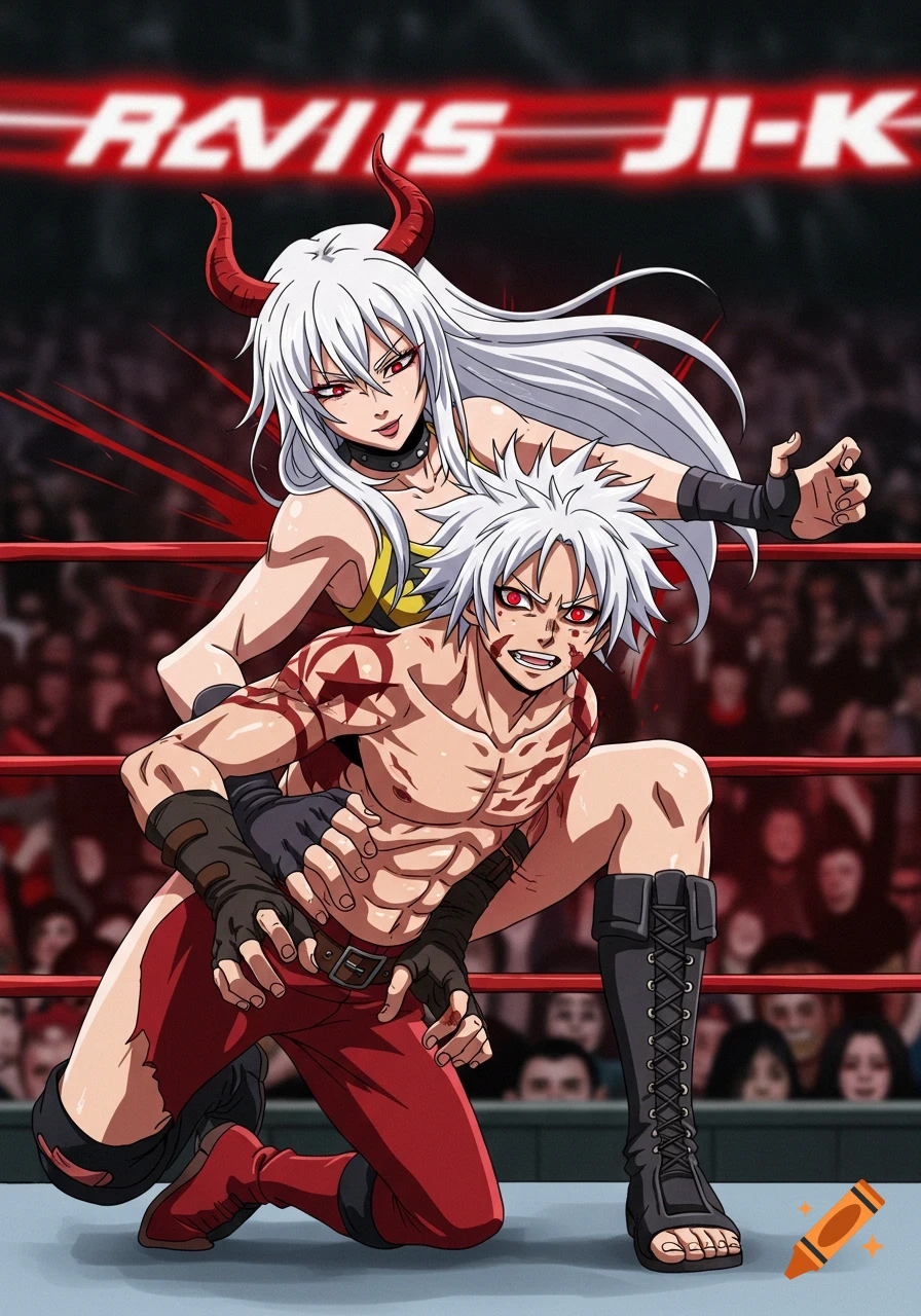 Anime characters wrestling in a ring. A white-haired female with red horns performs a move on a white-haired male with red eyes.