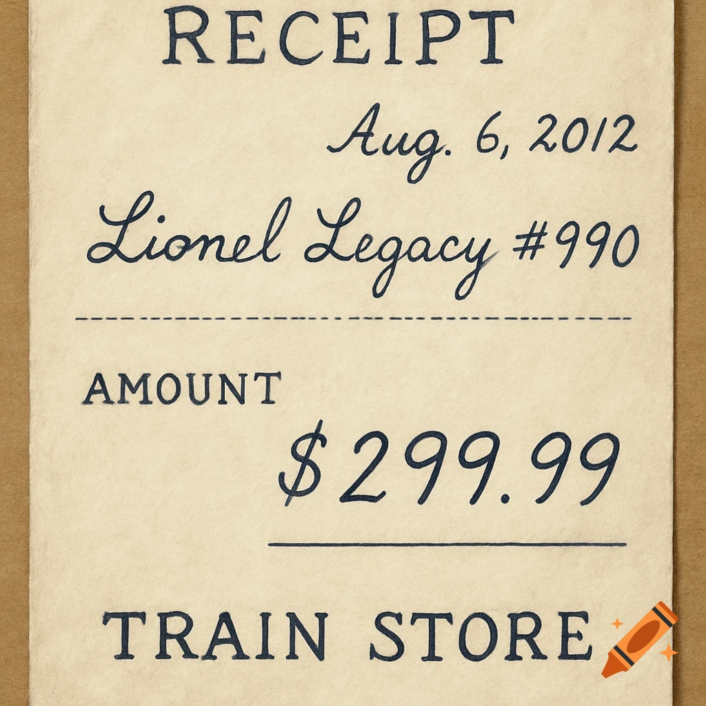 A handwritten receipt dated Aug 6, 2012 for $299.99 from a train store, listing Lionel Legacy #990.