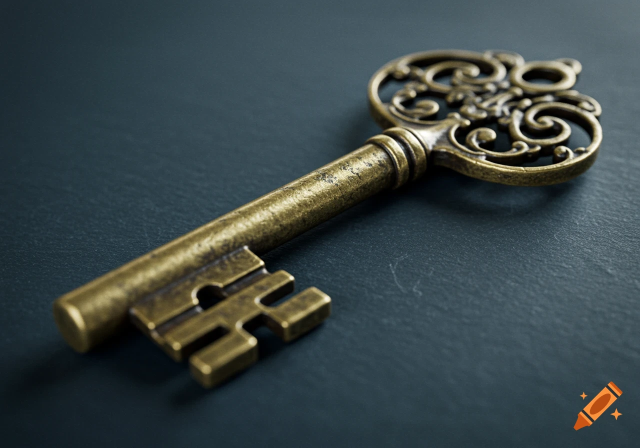 An old, ornate brass key on a dark surface.
