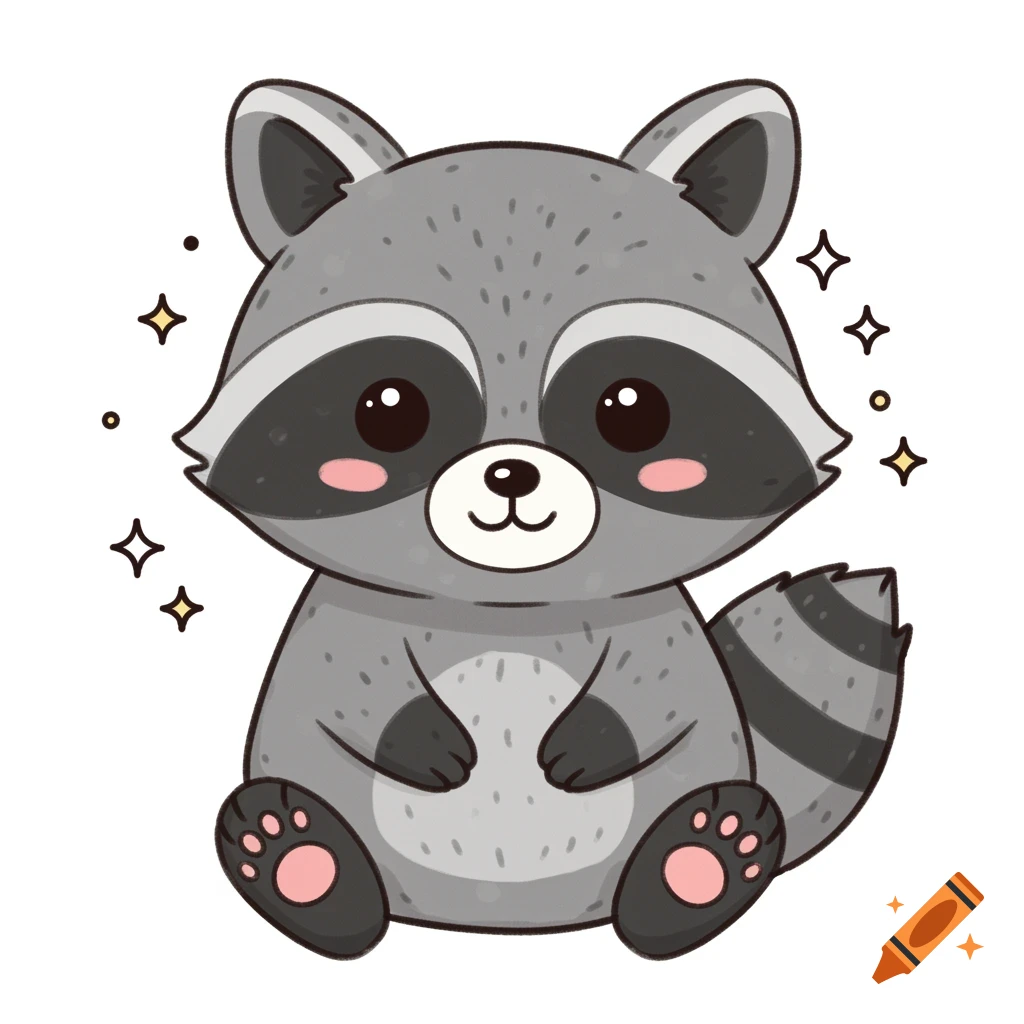 A cute cartoon raccoon sits with sparkly stars
