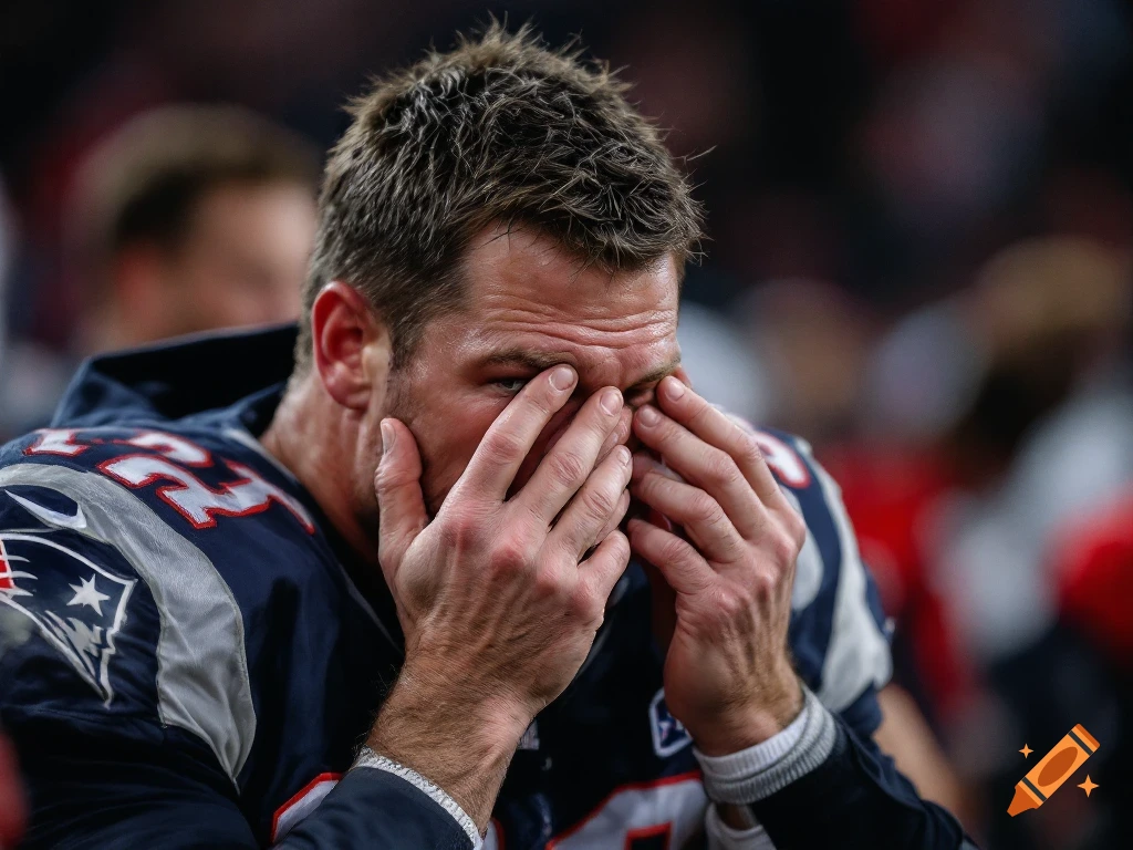 A football player in a Patriots jersey covers his face with his hands, appearing emotional.