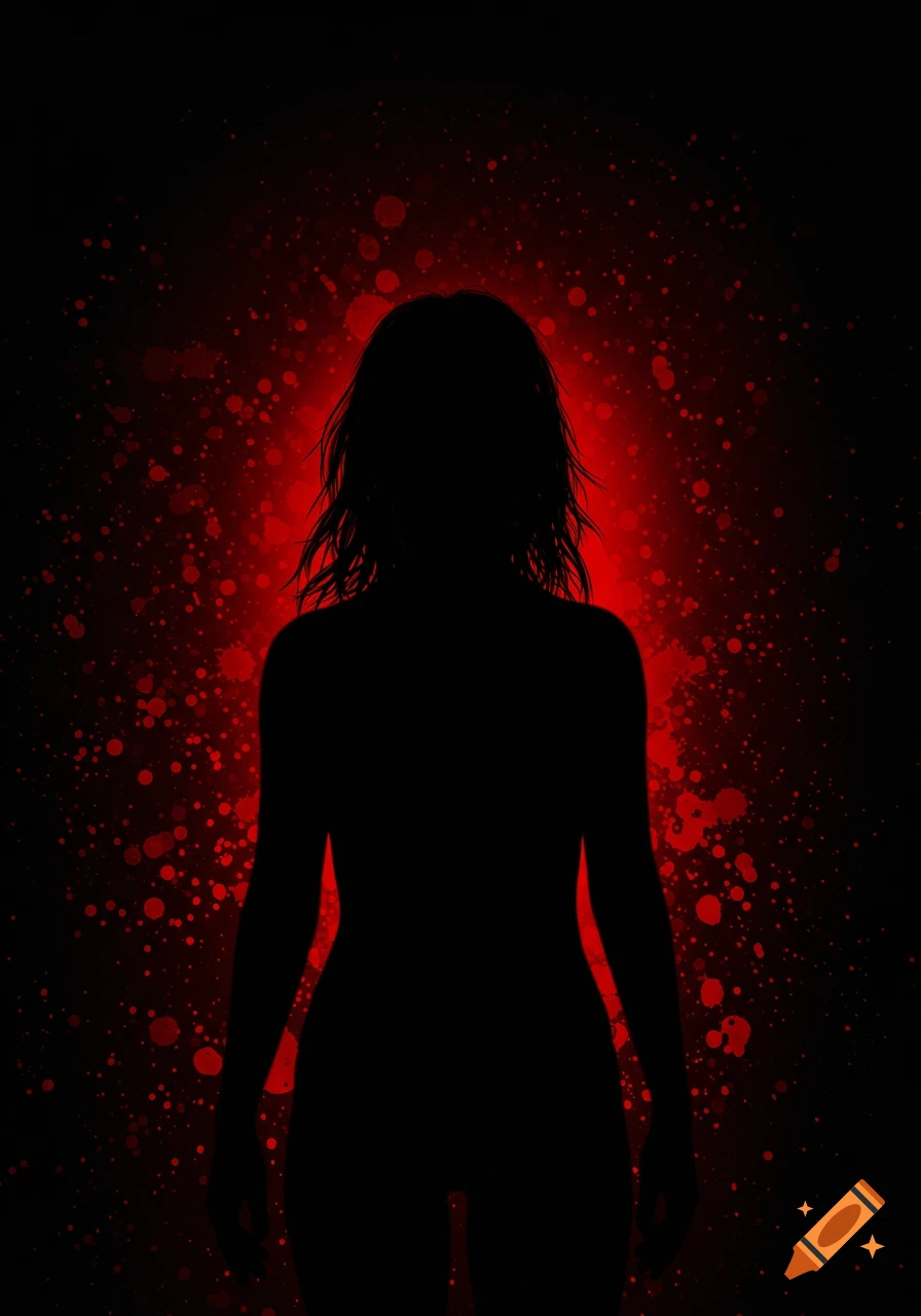 Silhouette of a woman against a black and red splatter background with a red glow
