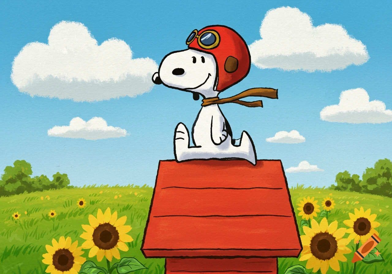 Snoopy in a pilot helmet sitting on his red doghouse in a field of sunflowers under a blue sky.