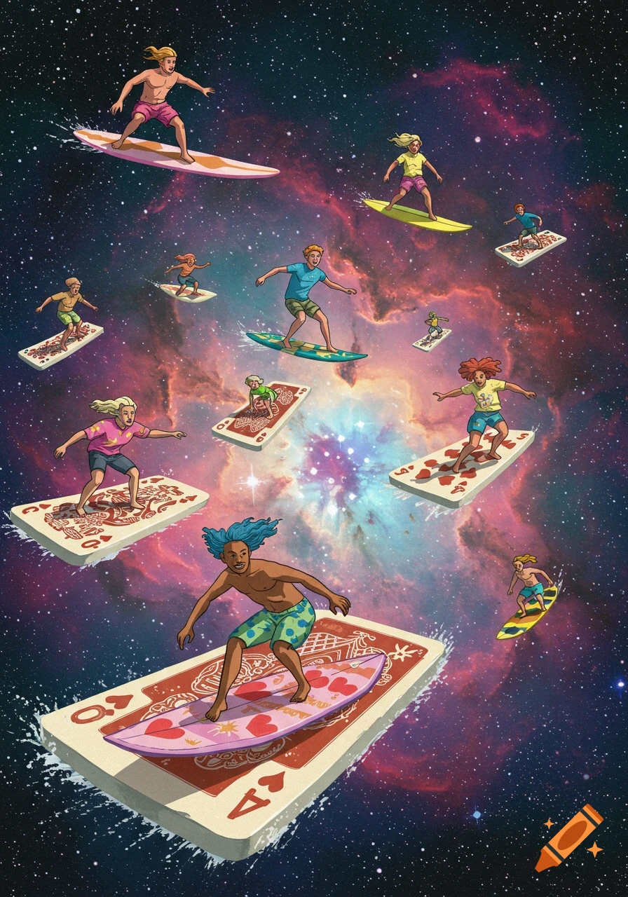 Illustrated scene of people surfing on giant playing cards floating in space.