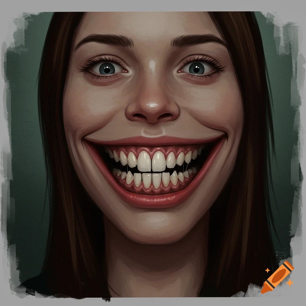 Close-up portrait of a creepy face with an exaggerated smile and many teeth, digital painting.