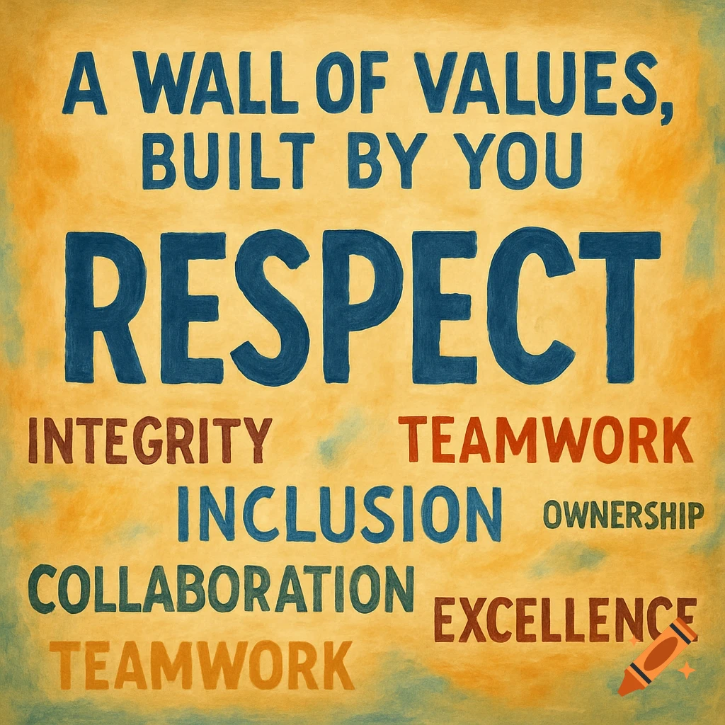 Text art on a textured background listing values: A Wall of Values, Built by You, Respect, Integrity, Teamwork, Inclusion, Ownership, Collaboration, Excellence.