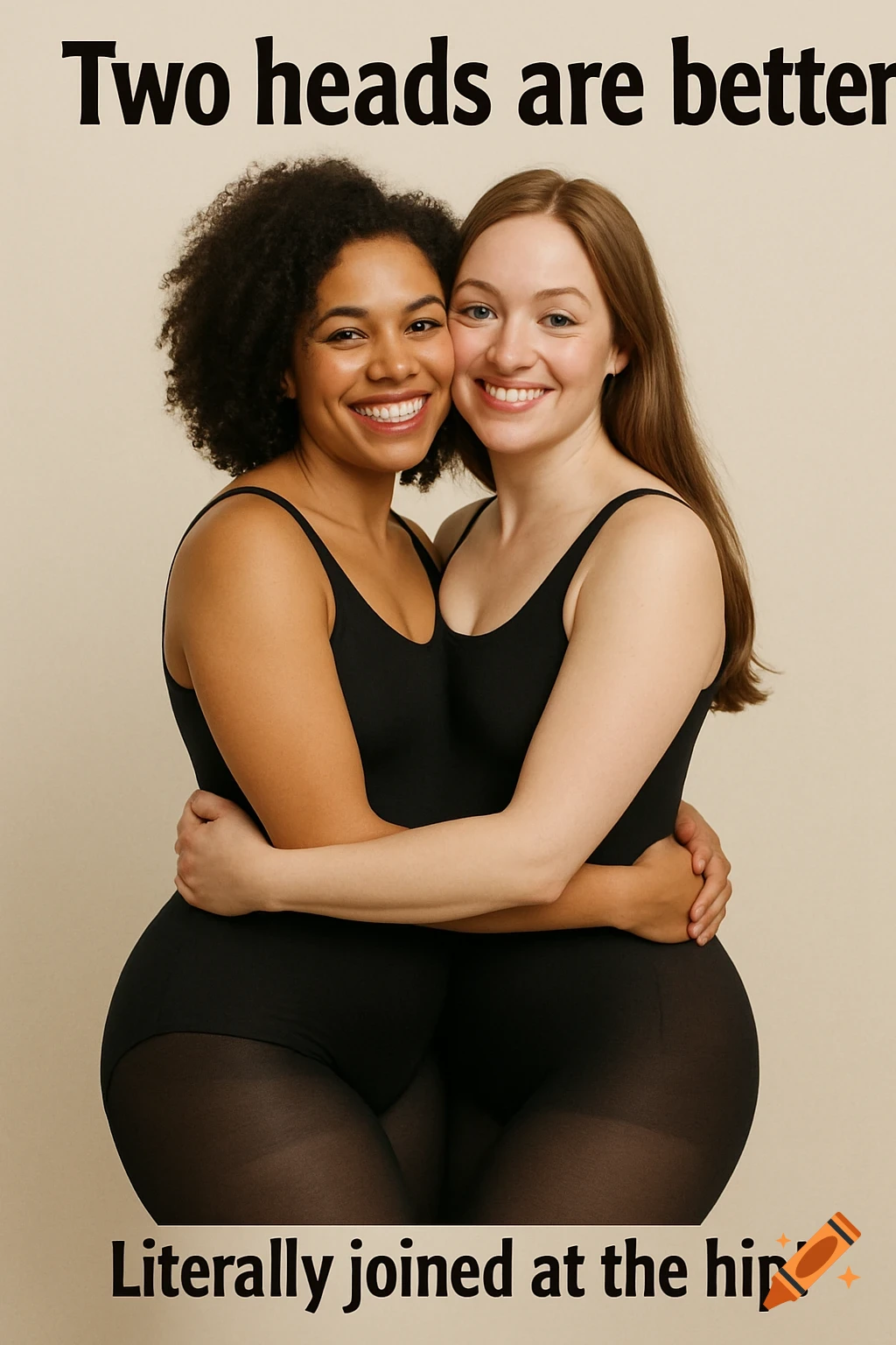 Two smiling women in black bodysuits hug, creating a 'joined at the hip' illusion with text overlay