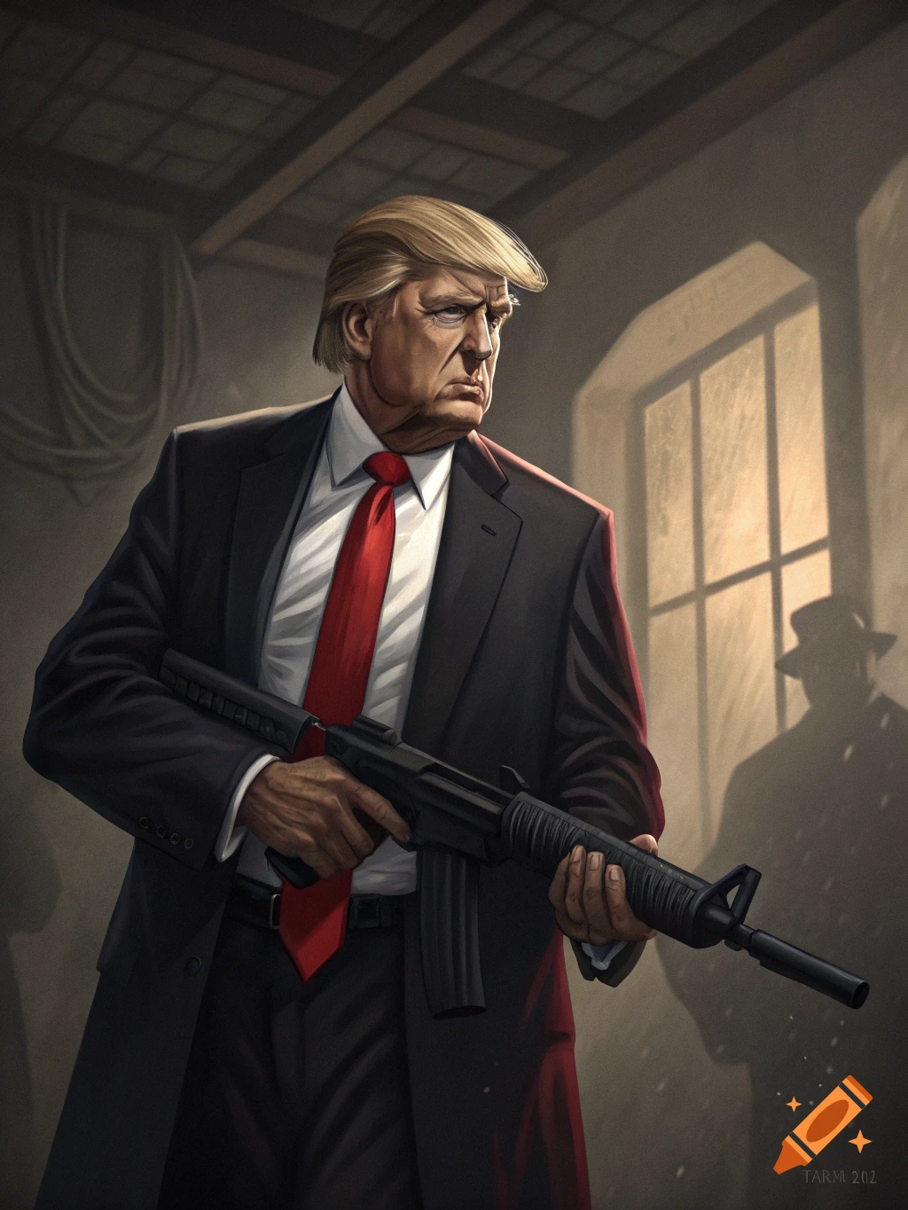 Stylized portrait of Donald Trump in a suit holding a rifle in a dimly lit room.