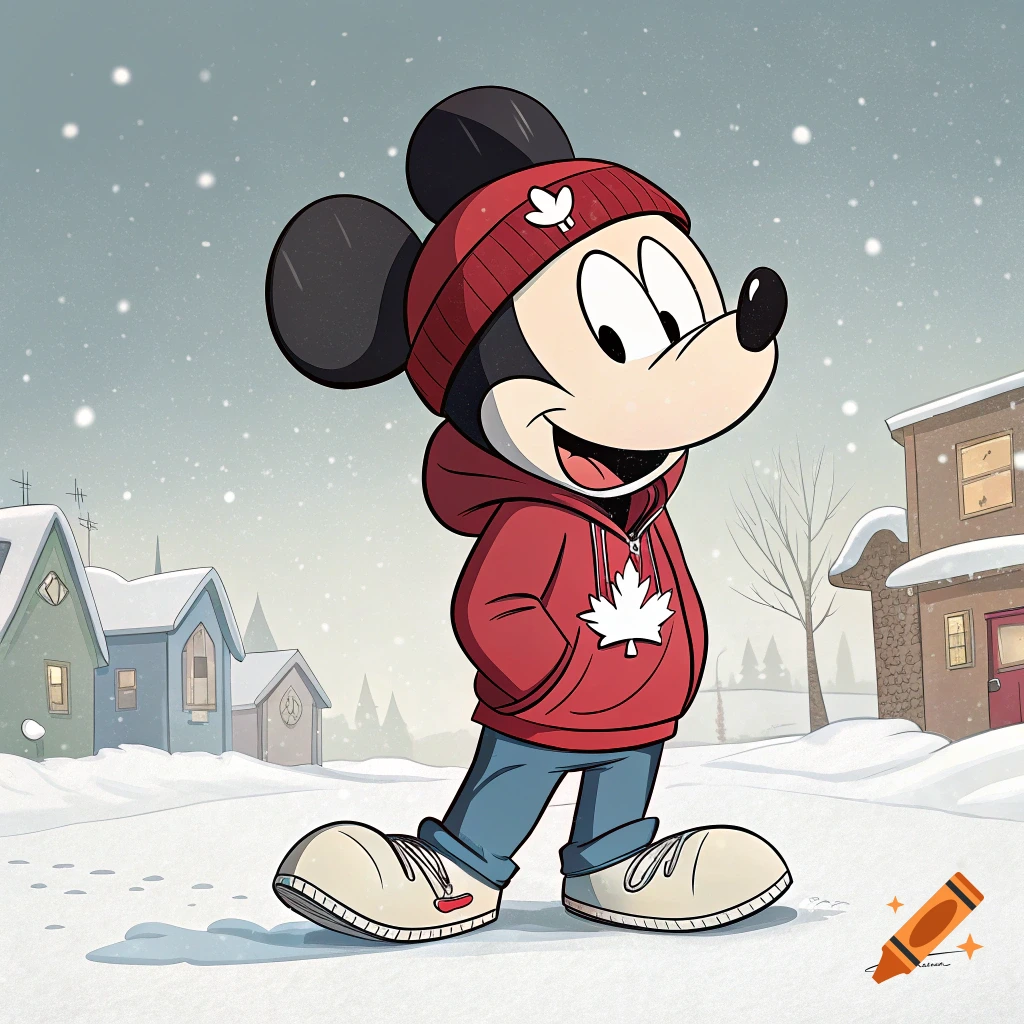 Mickey Mouse wearing a red hoodie and hat with maple leaves stands in a snowy cartoon village