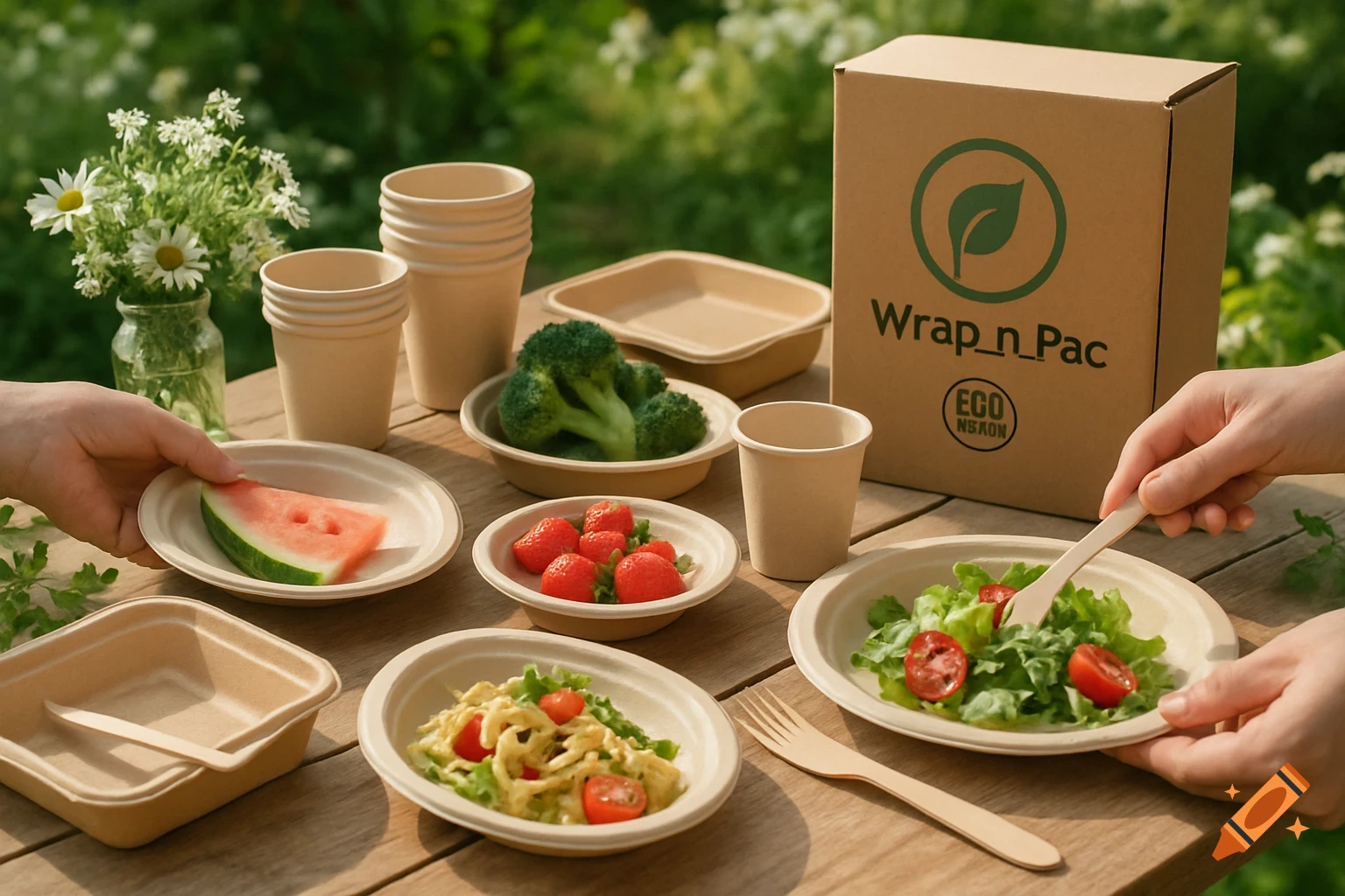 Outdoor picnic with eco-friendly tableware, hands serving food like watermelon and salad.