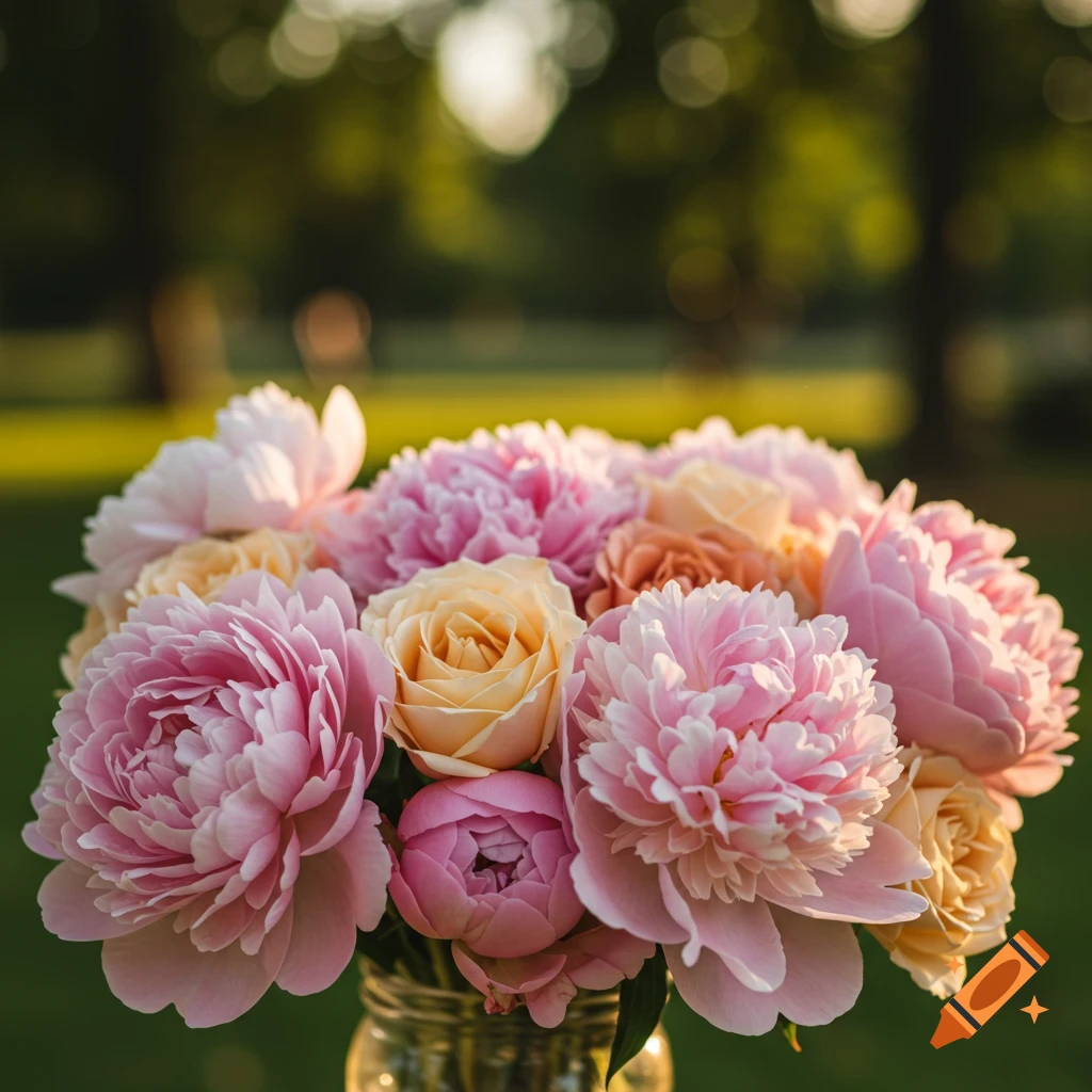 Bouquet of pink peonies and yellow roses in a jar outdoors with blurred green background