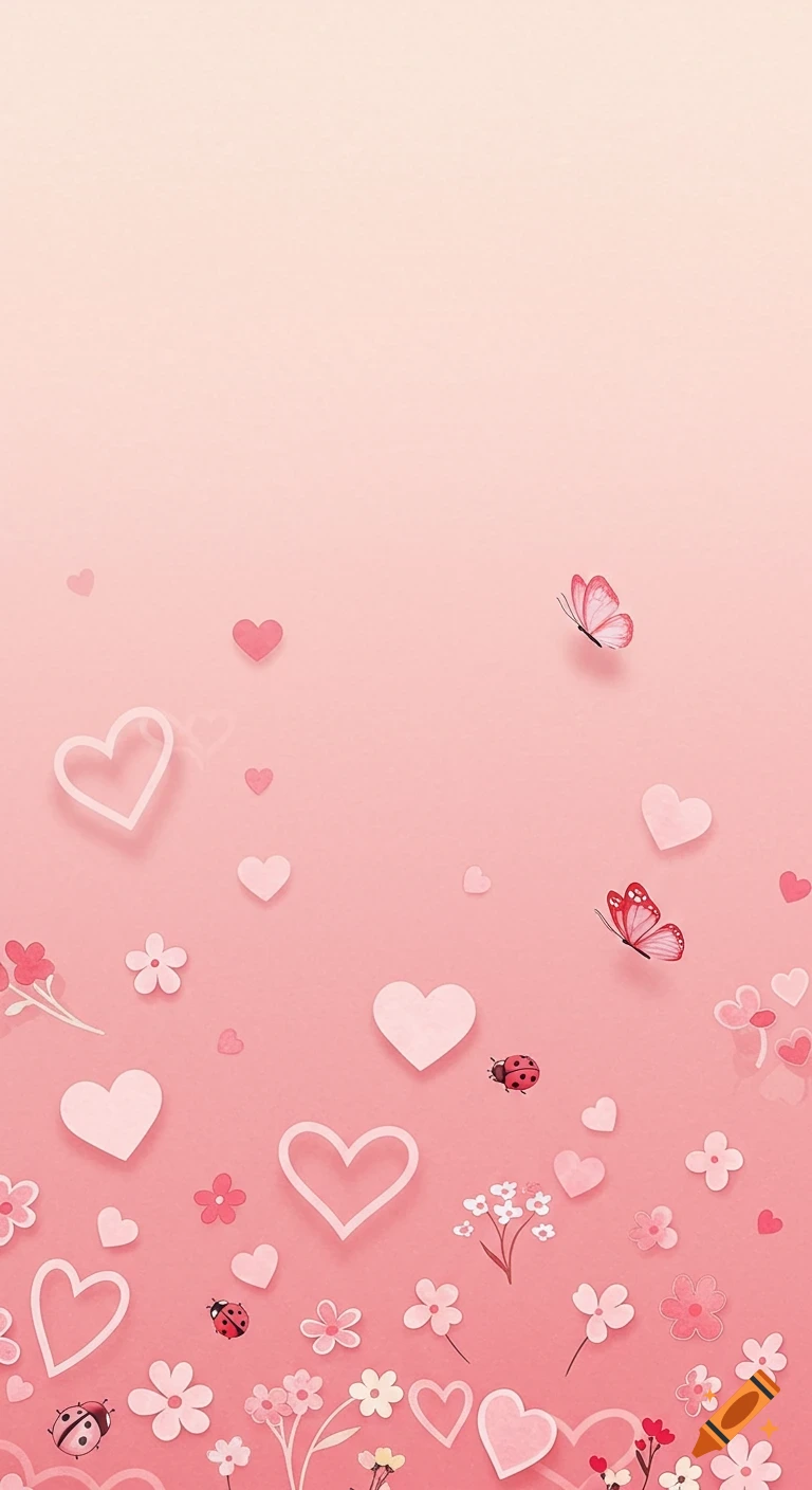 Pink gradient background with hearts, flowers, butterflies, and ladybugs.