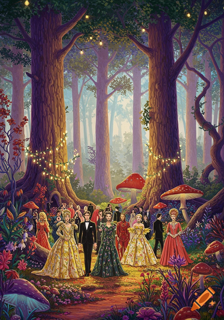 People in formal wear walk through an enchanted forest with large mushrooms and string lights.