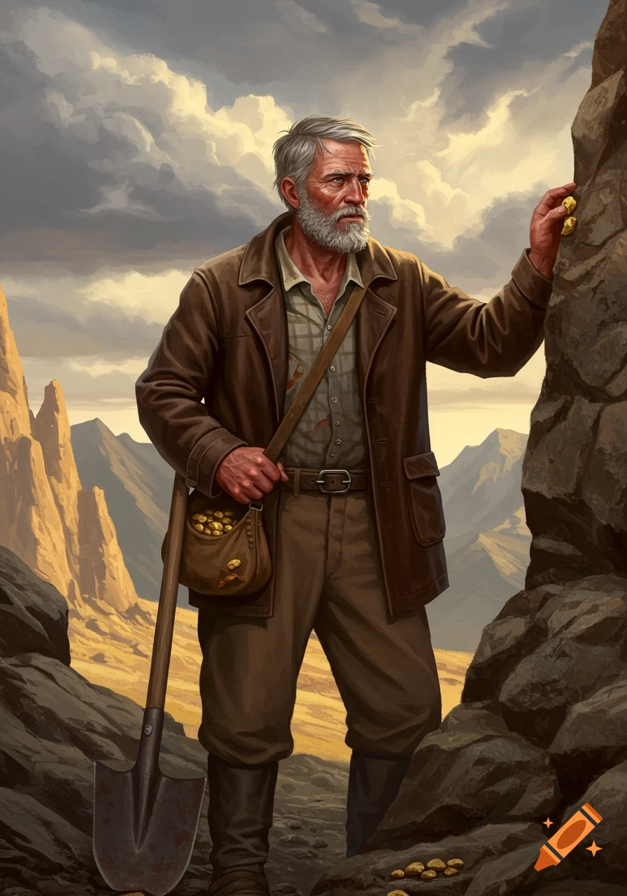 An illustration of an old prospector in a desert landscape finding gold on a rock, holding a shovel and a bag of gold.