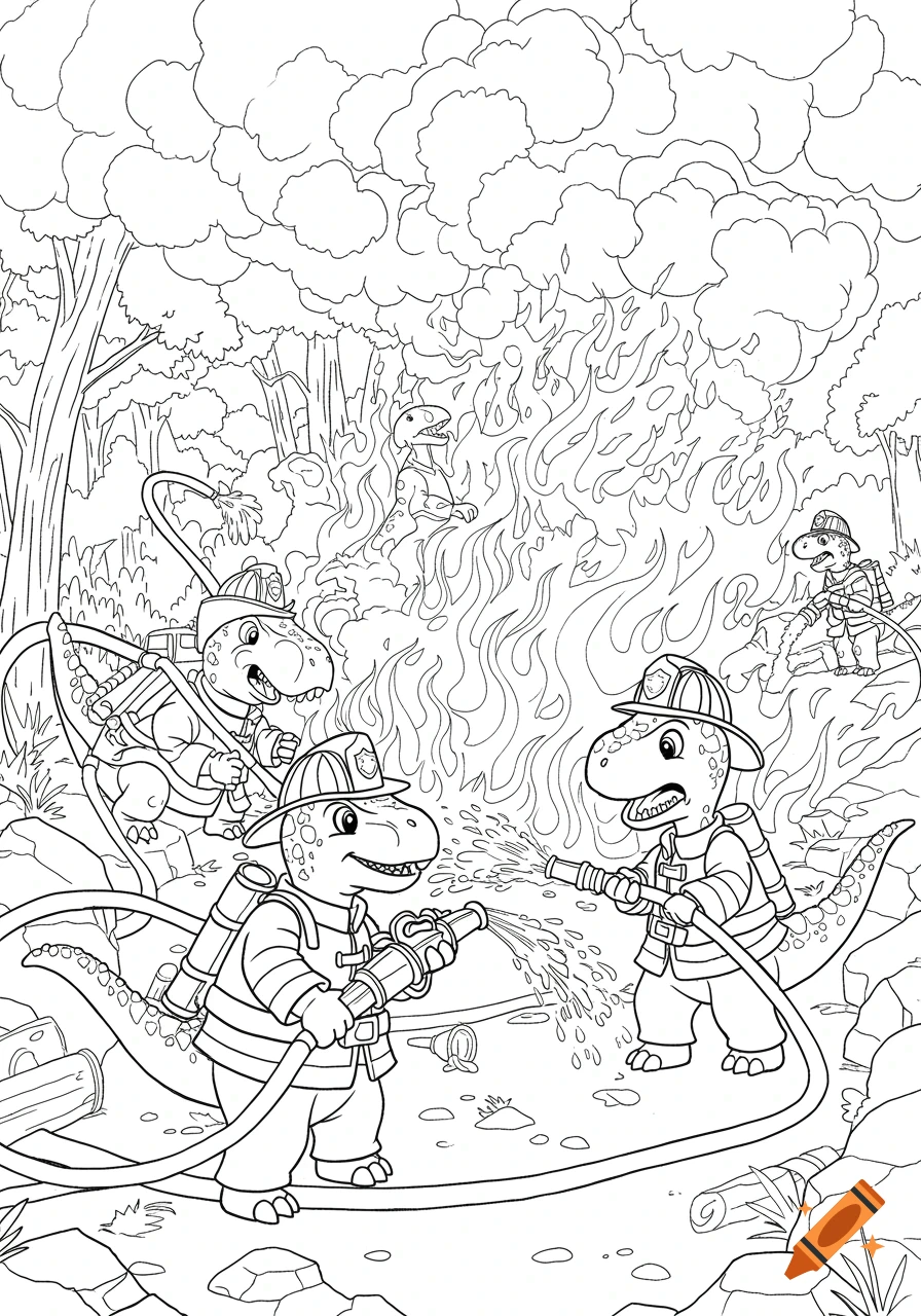 Black and white coloring page of cartoon dinosaurs dressed as firefighters putting out a forest fire with hoses.