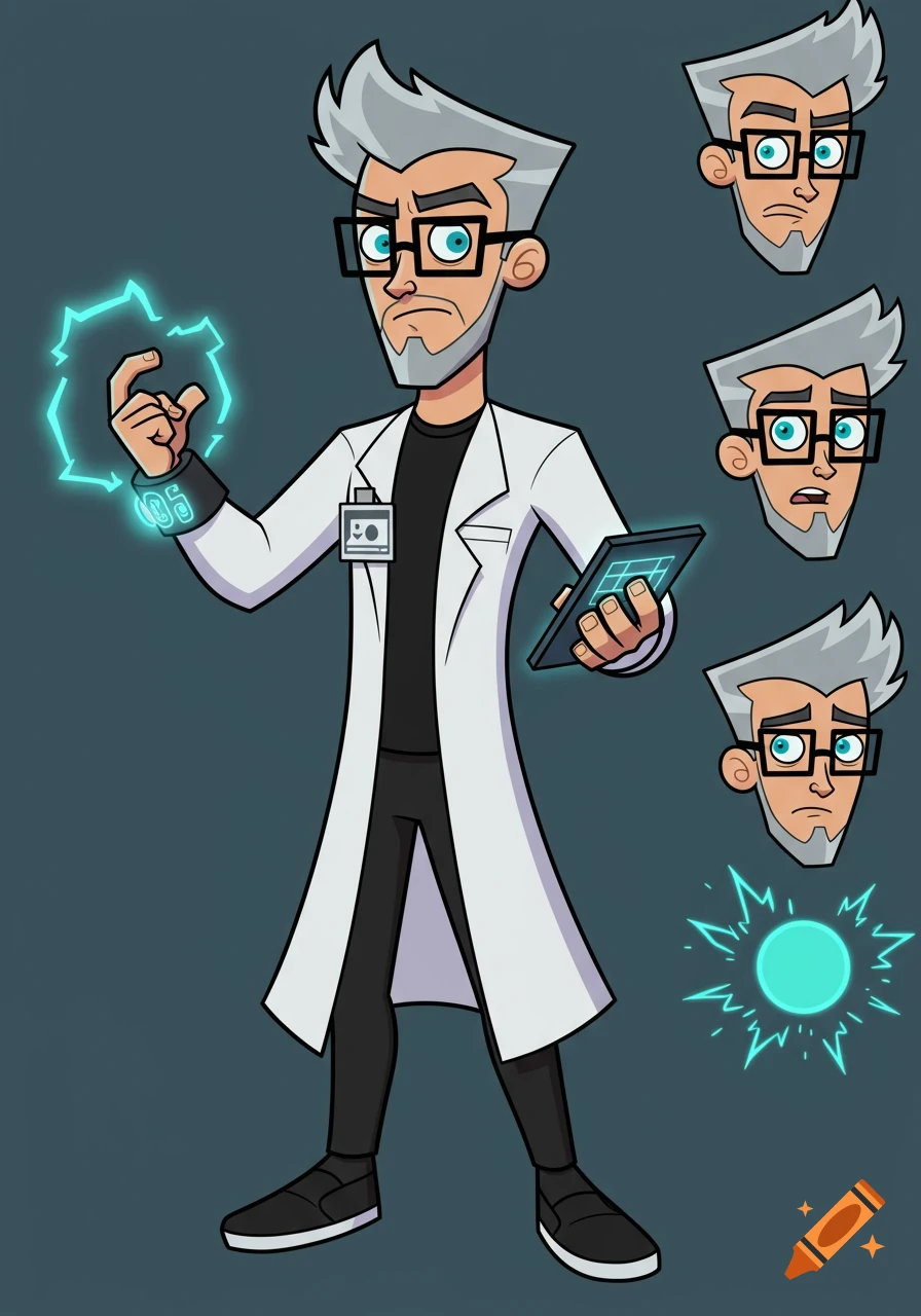 Cartoon scientist character design with tech effects, expressions, and energy ball in an animated style.