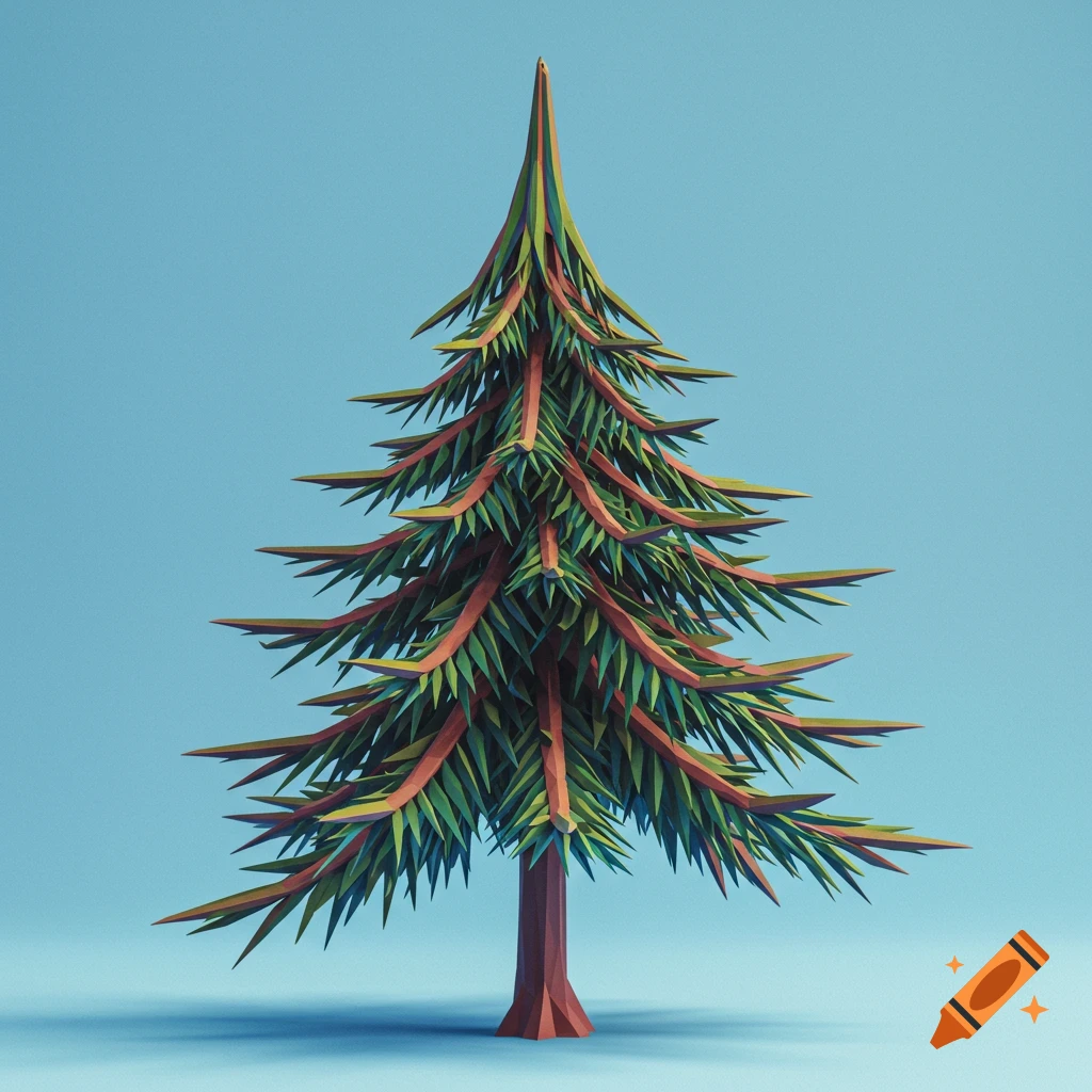 Geometric illustration of a pine tree on a blue background.