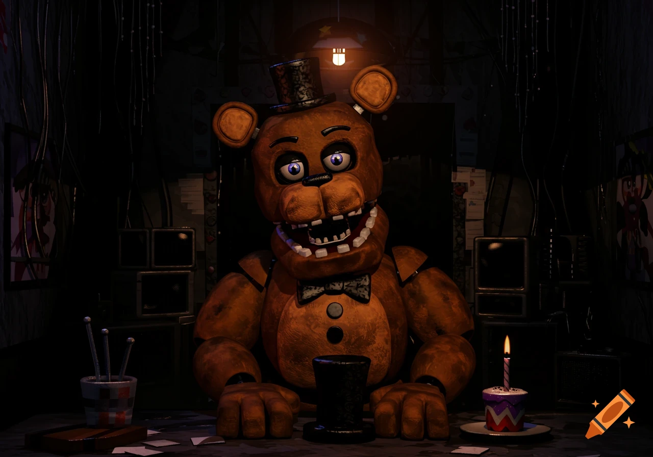 Freddy Fazbear sits at a desk in a dark office with a lit candle on a cake.