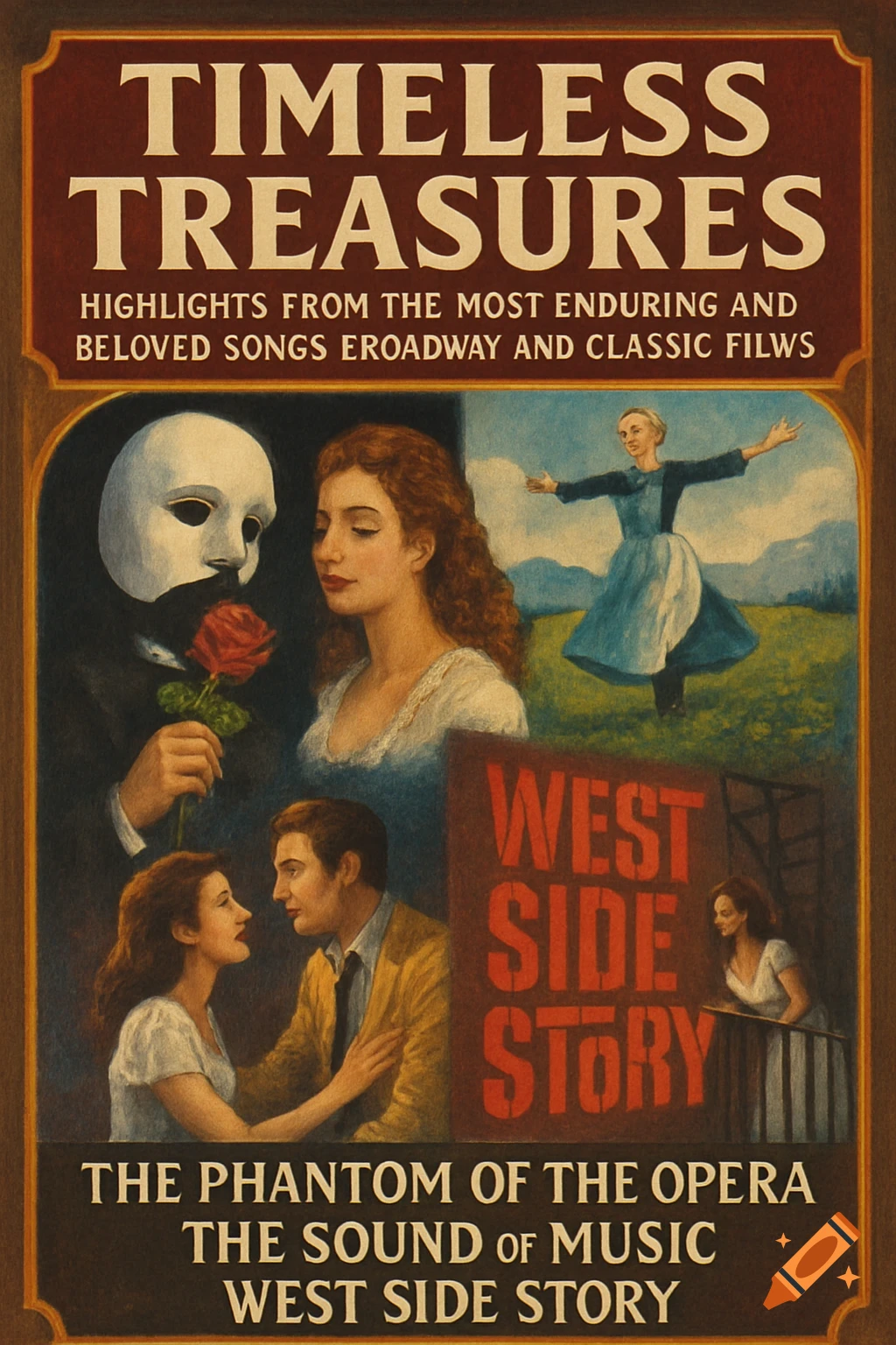 A concert poster for Timeless Treasures featuring images from Phantom of the Opera, The Sound of Music, and West Side Story in a painted style.
