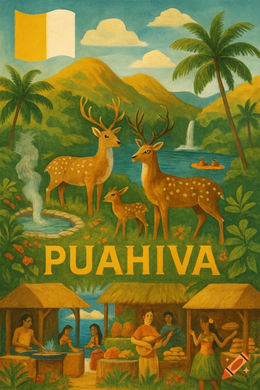 A vintage style travel poster illustration of a tropical island with deer, waterfalls, palm trees, and a market.
