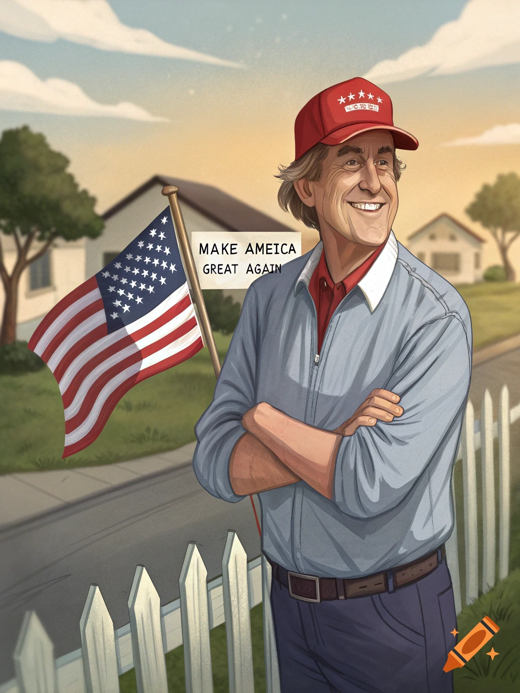Illustration of a man with an American flag and a sign reading 'MAKE AMEICA GREAT AGAIN' in a suburban setting.