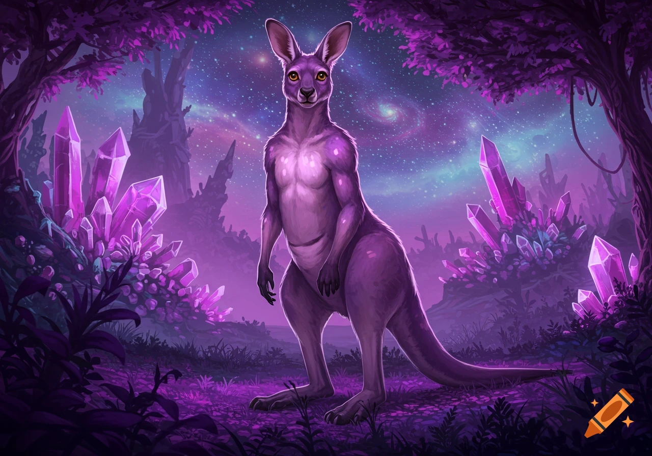A purple kangaroo stands in a fantasy landscape with giant purple crystals and a galaxy sky.