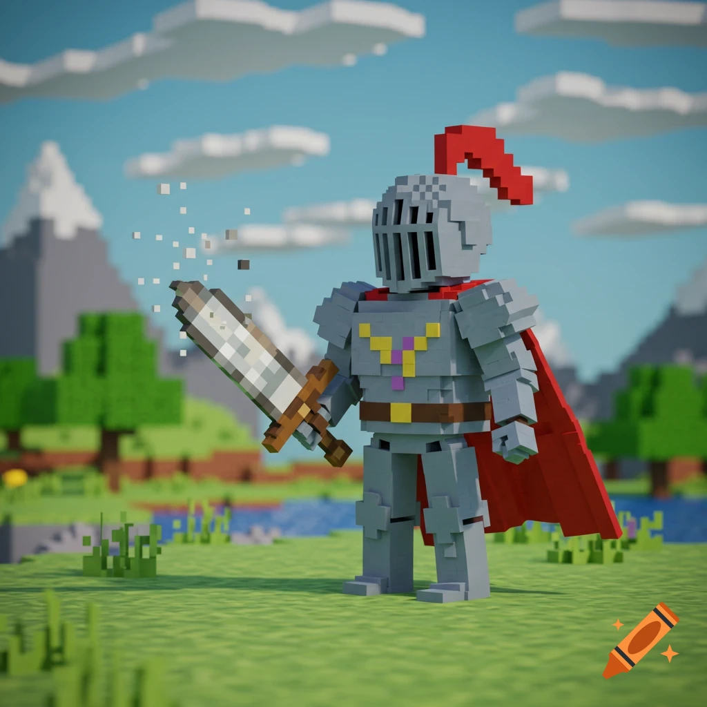 A voxel art knight stands in a grassy field, holding a pixelated sword.