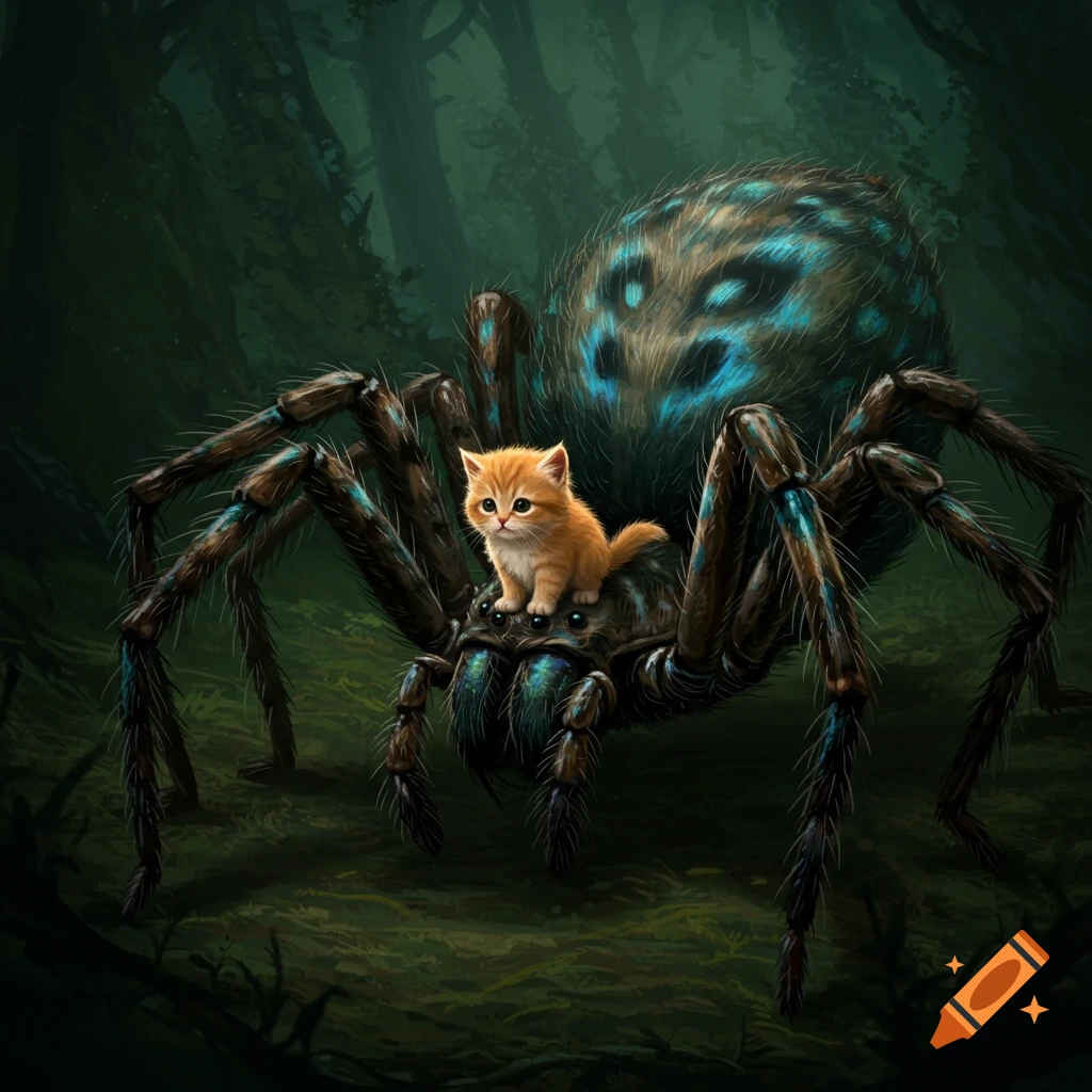 A small ginger kitten sits on the back of a giant, blue-patterned spider in a dark forest.