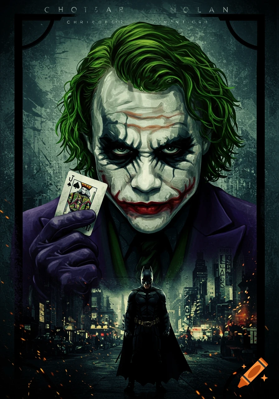 Illustration poster of Joker holding a card above a scene of Batman in a city street